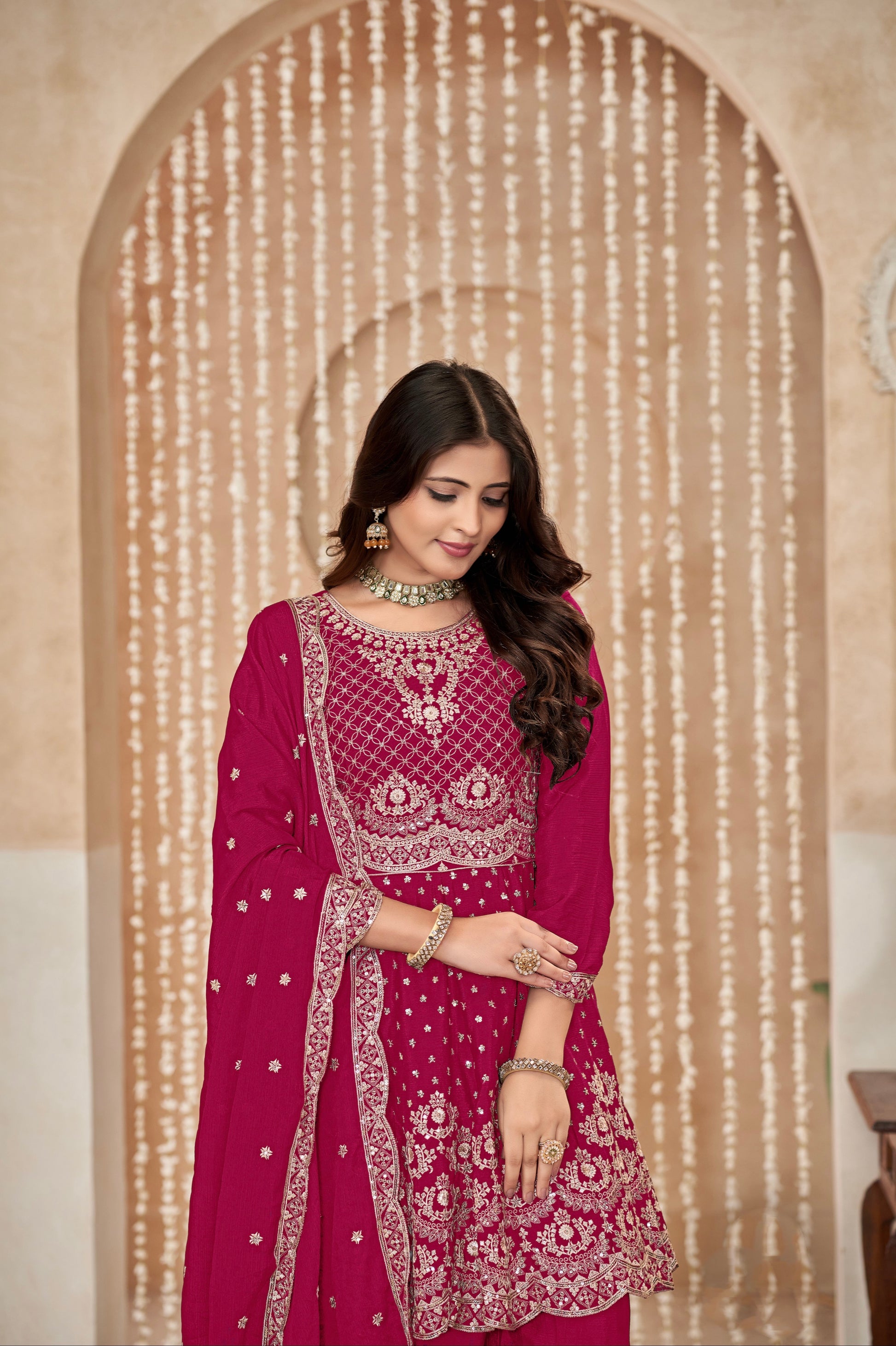 Magenta Chinon Palazzo Suit with Fine Embroidery and Chinon Dupatta