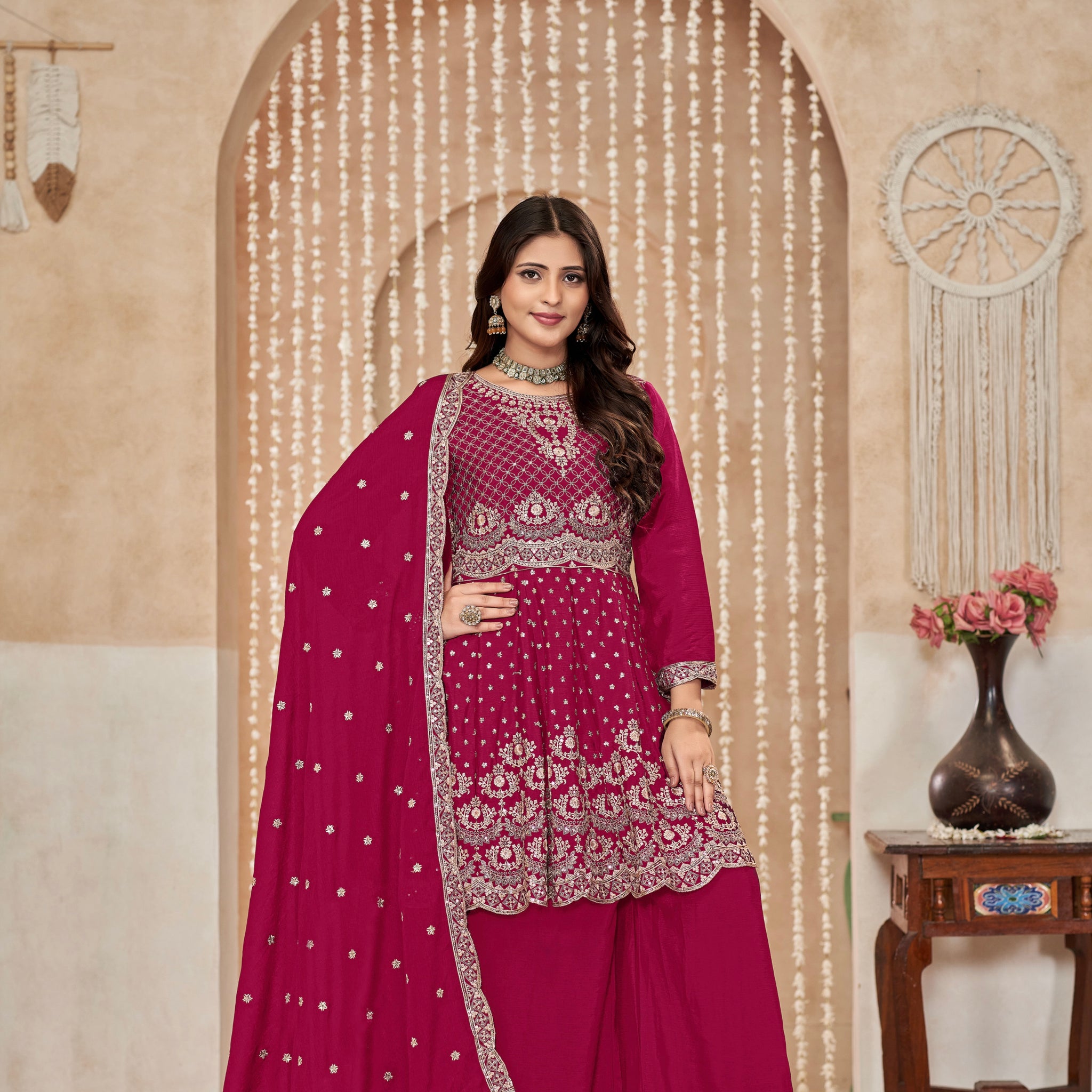 Magenta Chinon Palazzo Suit with Fine Embroidery and Chinon Dupatta