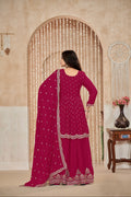 Magenta Chinon Palazzo Suit with Fine Embroidery and Chinon Dupatta