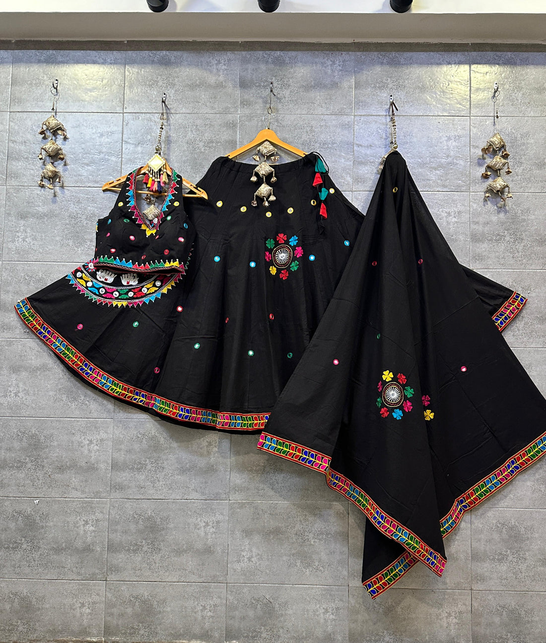 Black Khadi Cotton Chaniya Choli with Multicolor Aari Work