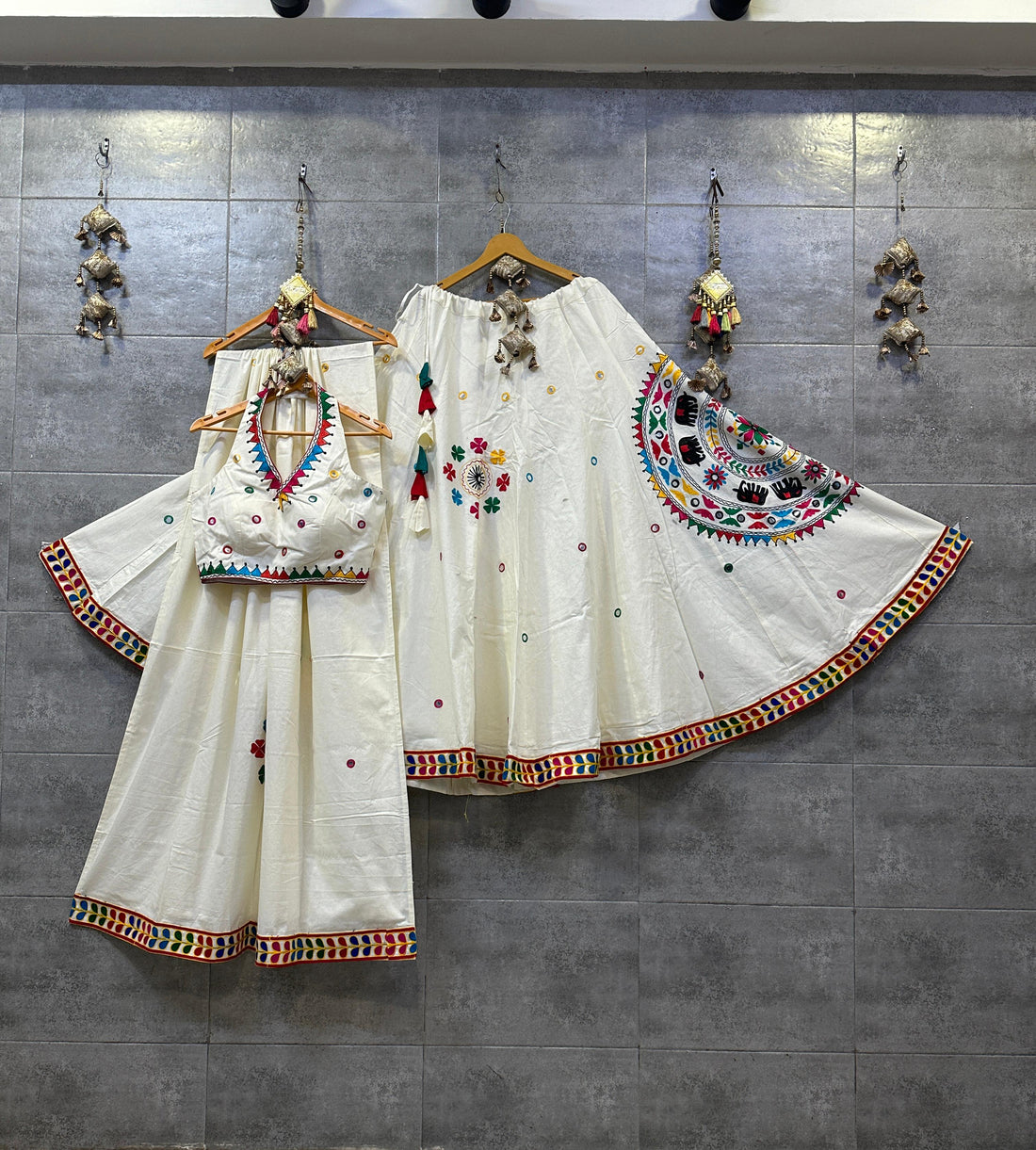 White Khadi Cotton Chaniya Choli with Multicolor Aari Work