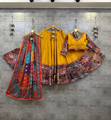 Yellow Rayon Cotton Butti Chaniya Choli with Multicolor Print Dupatta