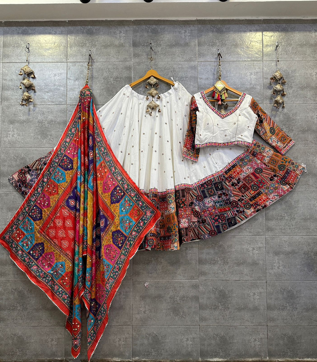 White Rayon Cotton Butti Chaniya Choli with Multicolor Print Dupatta