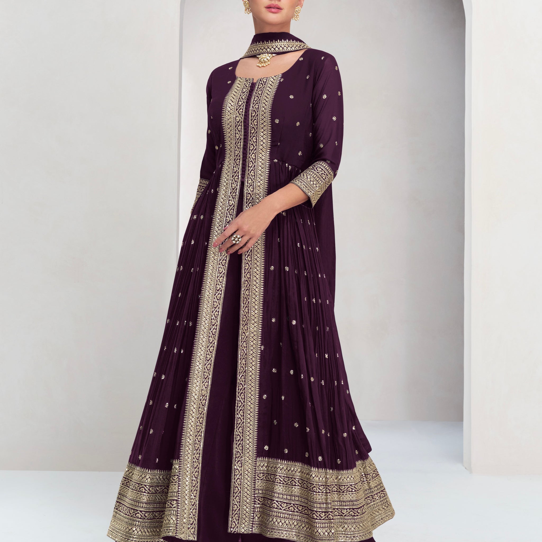 Deep Plum Georgette Anarkali Suit with Gold Embellishments