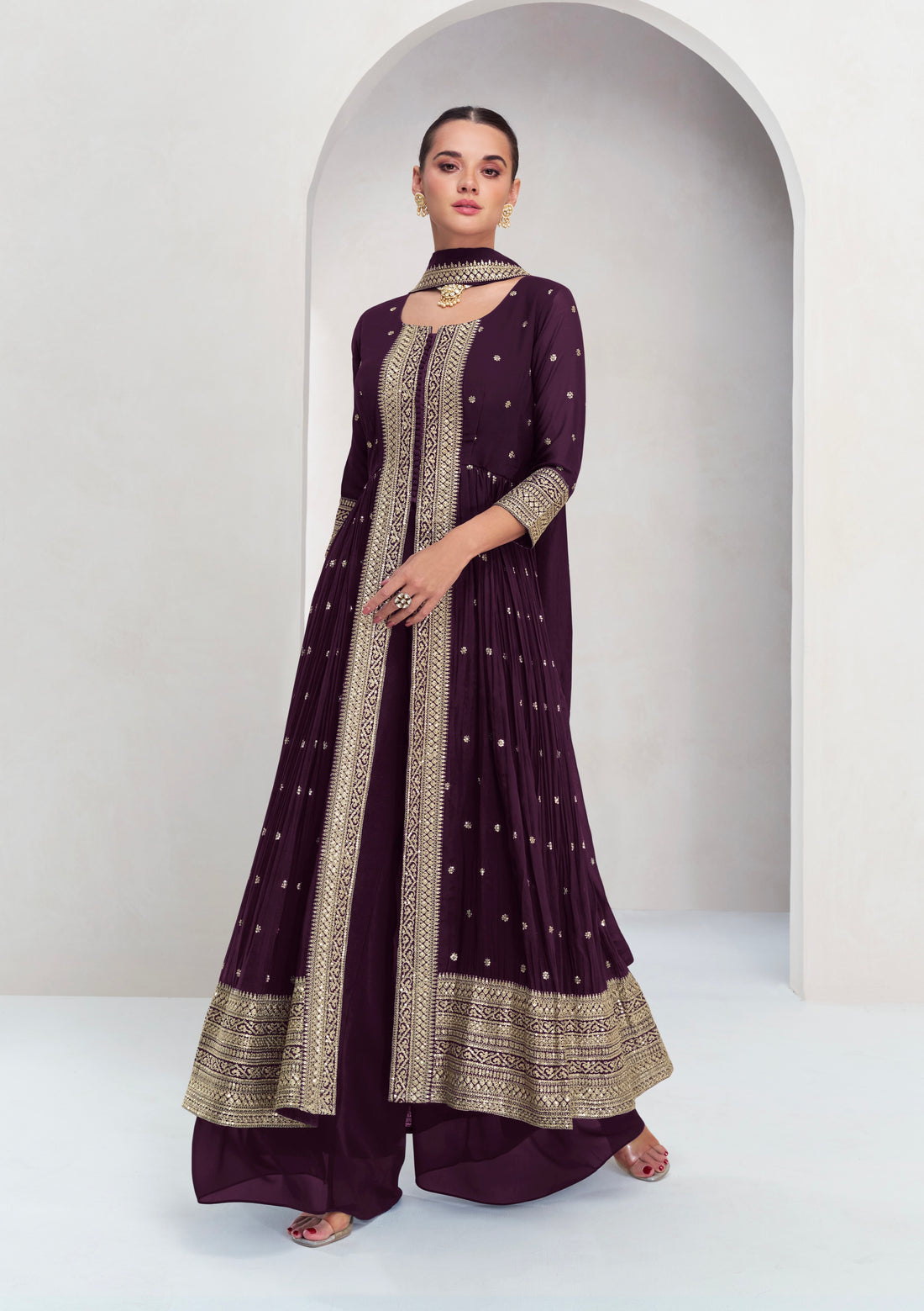 Deep Plum Georgette Anarkali Suit with Gold Embellishments