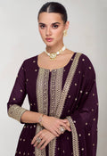 Deep Plum Georgette Anarkali Suit with Gold Embellishments