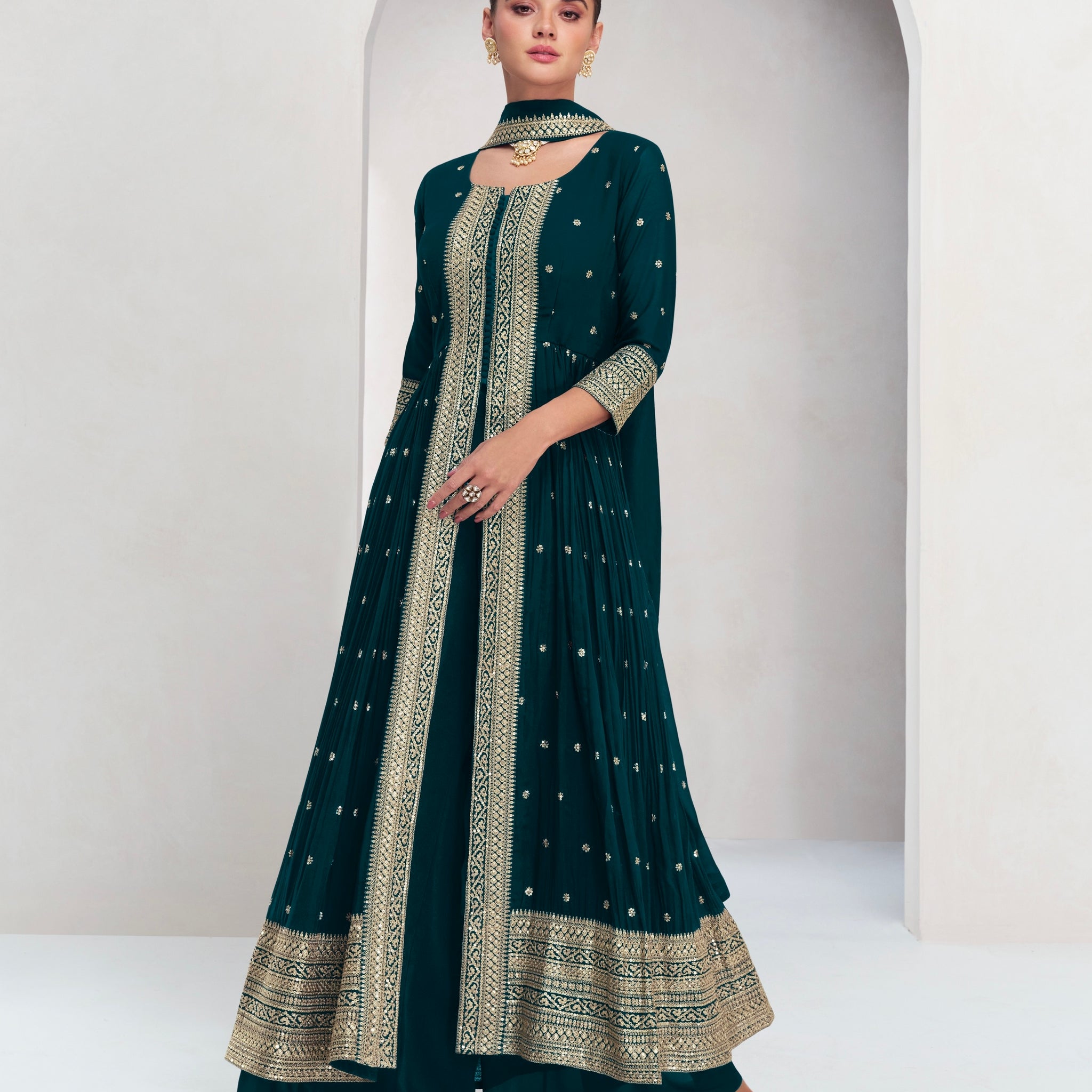 Dark Teal Green Georgette Anarkali Suit with Gold Embellishments