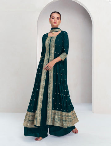 Dark Teal Green Georgette Anarkali Suit with Gold Embellishments