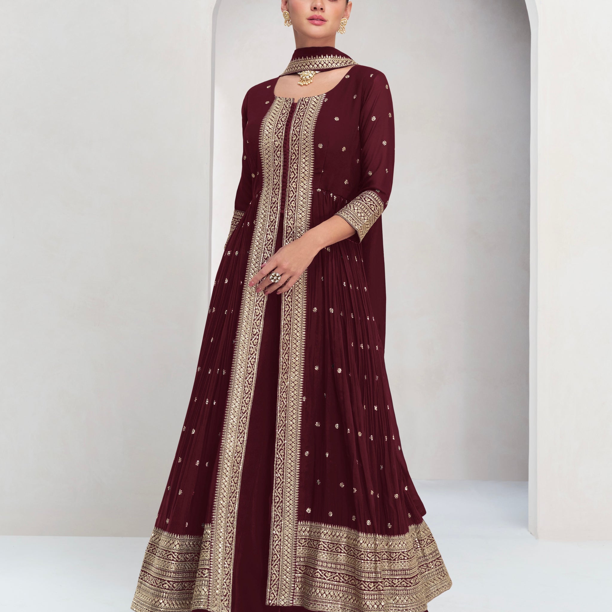 Wine Red Georgette Anarkali Suit with Gold Embellishments