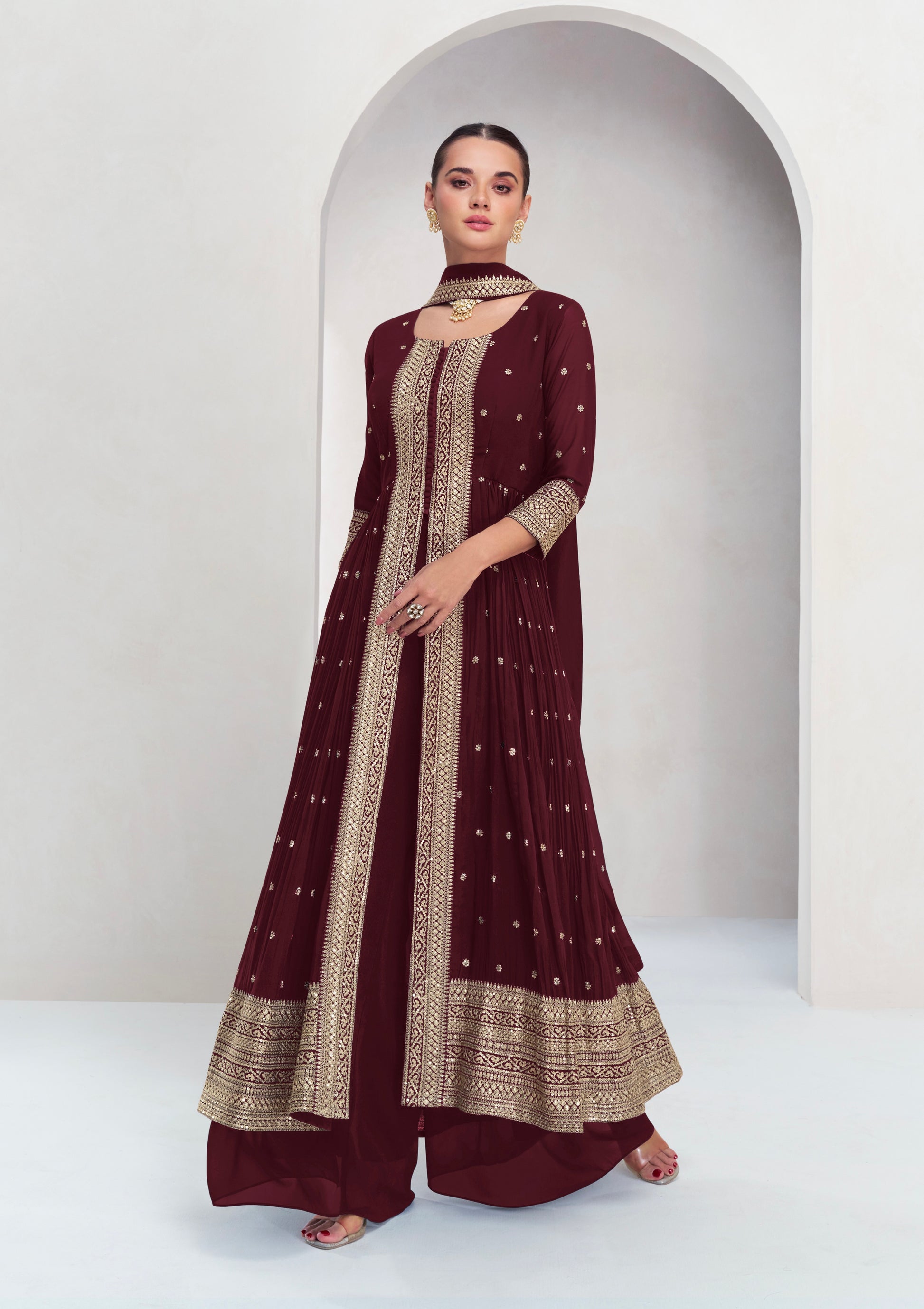 Wine Red Georgette Anarkali Suit with Gold Embellishments