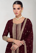 Wine Red Georgette Anarkali Suit with Gold Embellishments