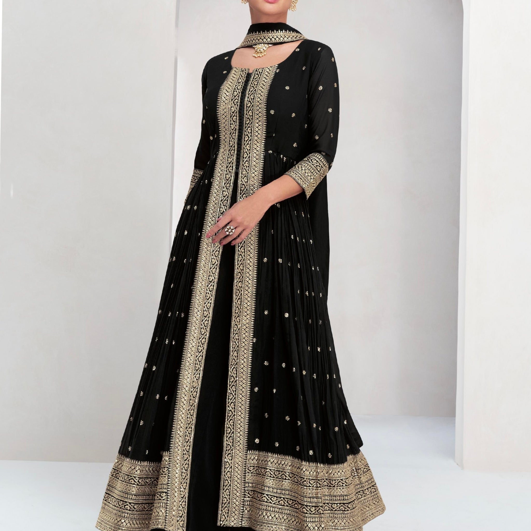 Jet Black Georgette Anarkali Suit with Gold Embellishments