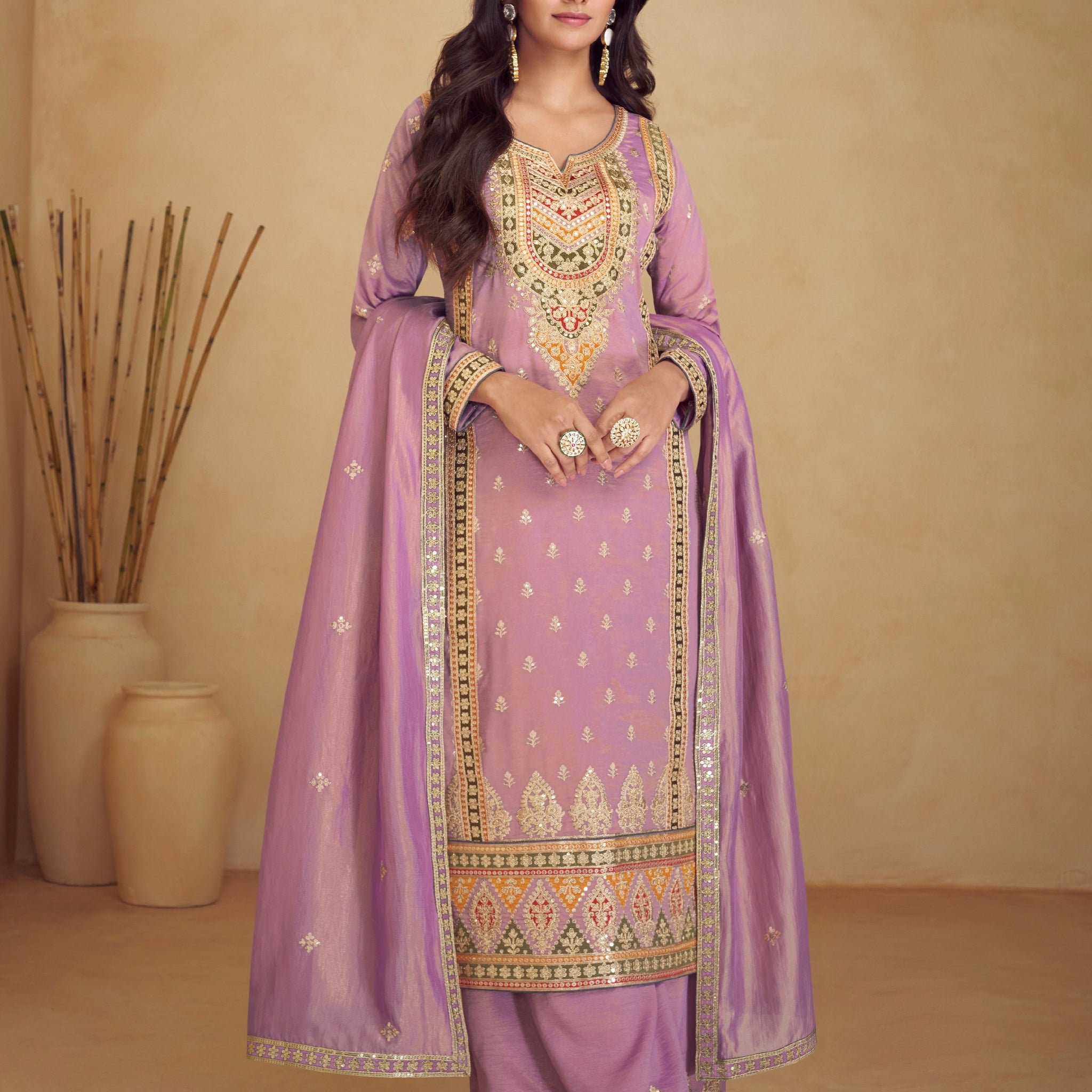 Lavender Simar Silk Palazzo Suit with Embroidered Dupatta