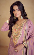 Lavender Simar Silk Palazzo Suit with Embroidered Dupatta