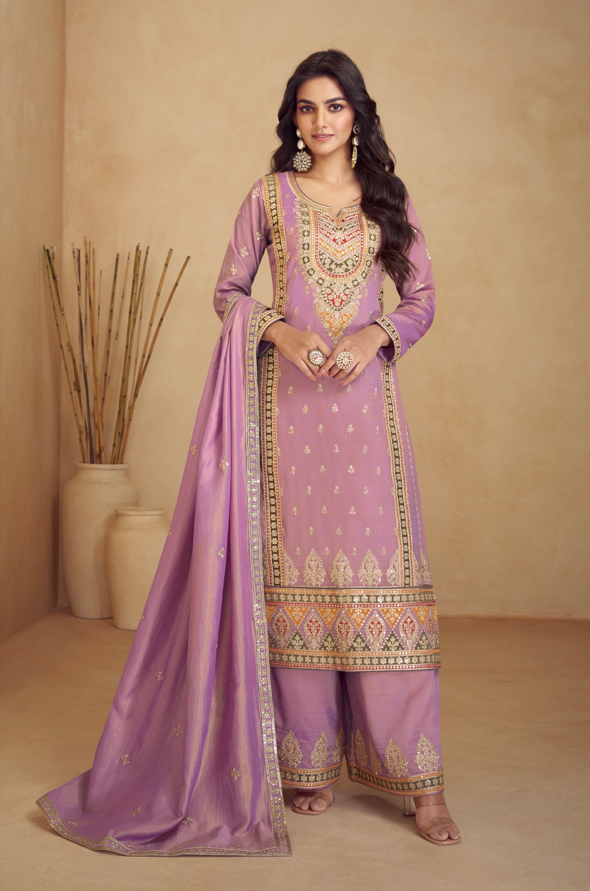 Lavender Simar Silk Palazzo Suit with Embroidered Dupatta