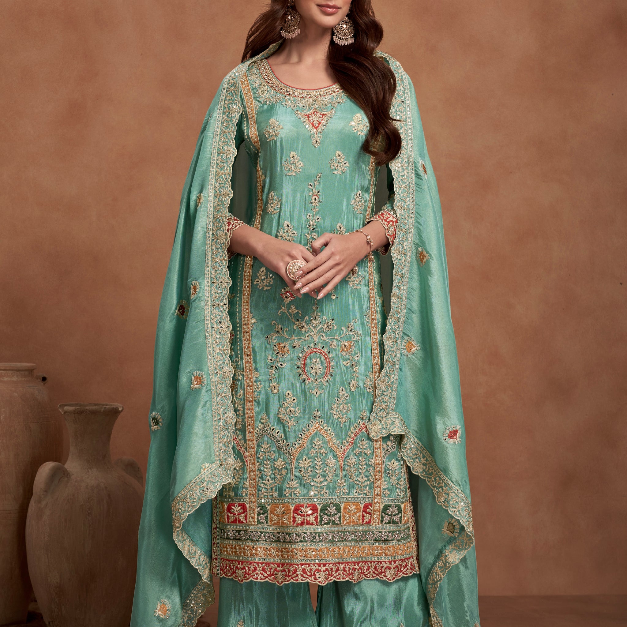 Sea Green Simar Silk Palazzo Suit with Embroidered Dupatta