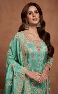 Sea Green Simar Silk Palazzo Suit with Embroidered Dupatta