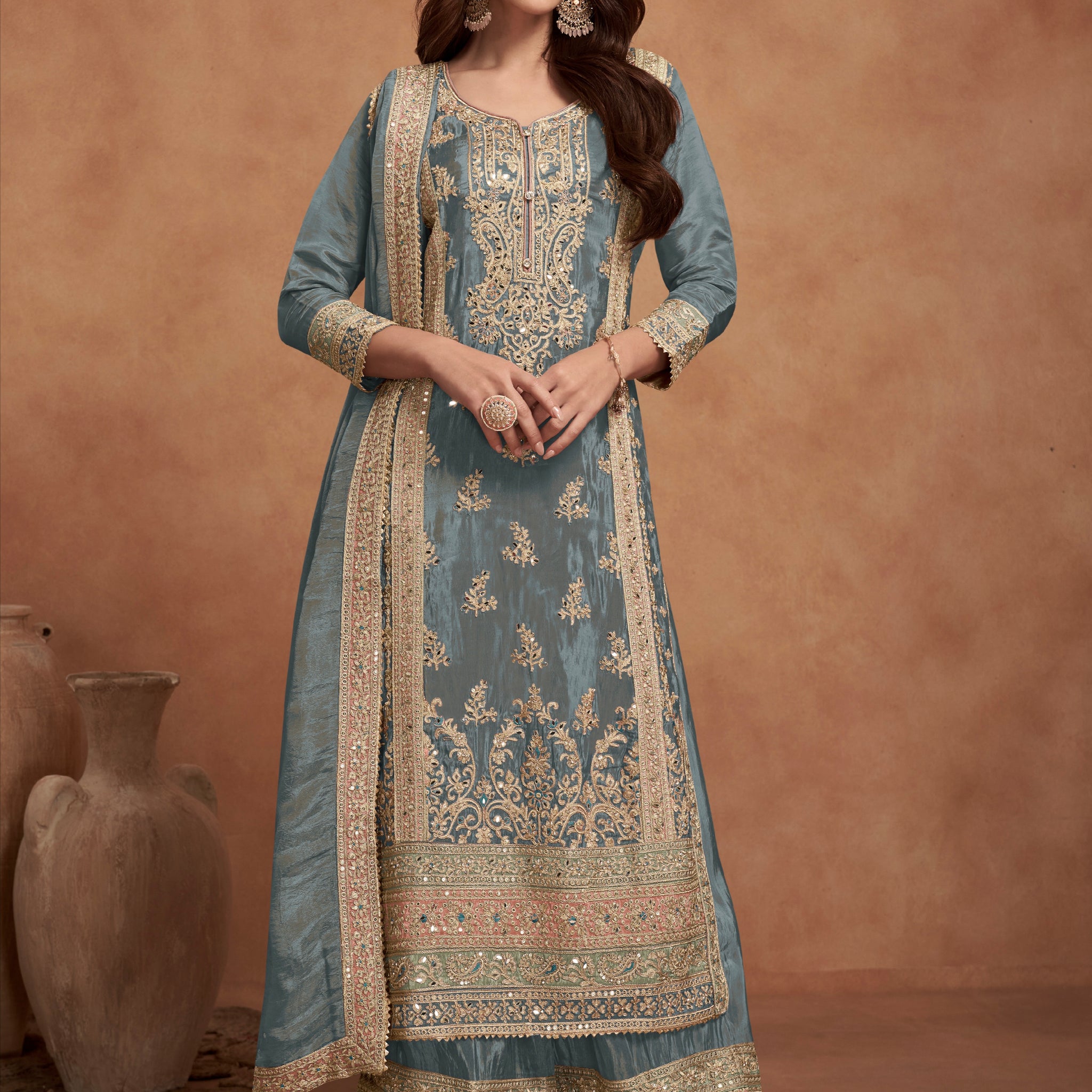 Slate Blue Simar Silk Palazzo Suit with Golden Embroidery