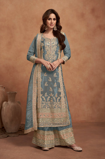 Slate Blue Simar Silk Palazzo Suit with Golden Embroidery