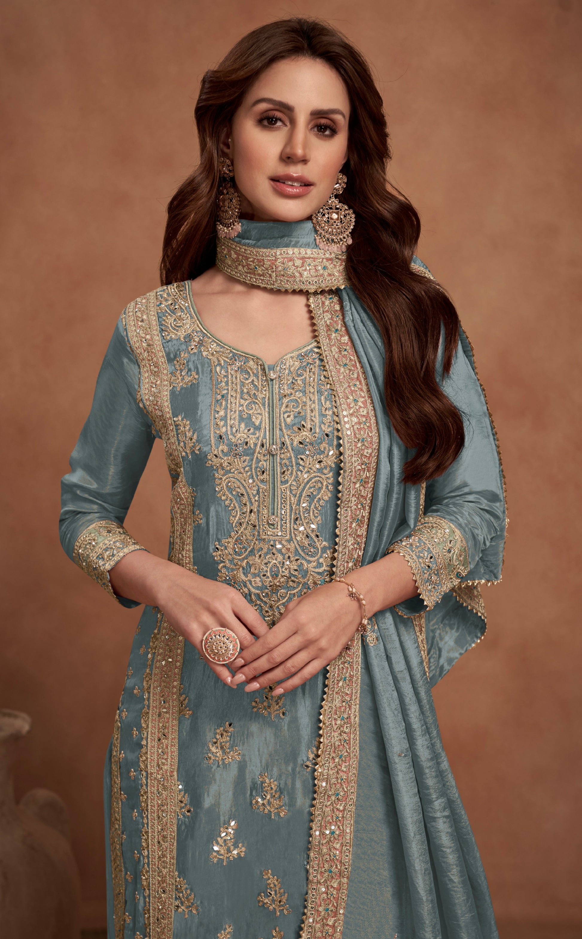 Slate Blue Simar Silk Palazzo Suit with Golden Embroidery