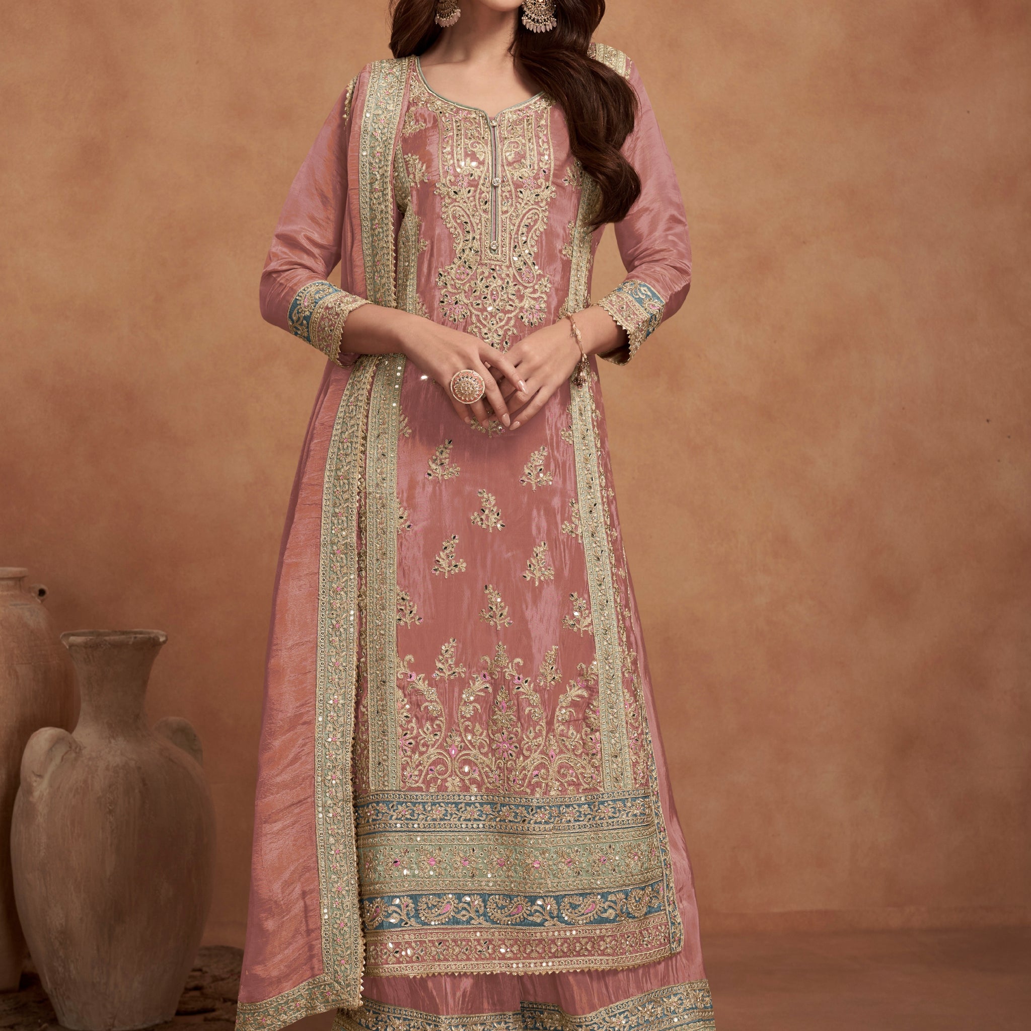 Dusty Pink Simar Silk Palazzo Suit with Golden Embroidery