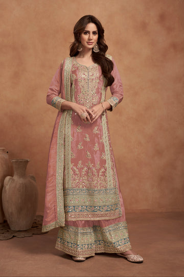 Dusty Pink Simar Silk Palazzo Suit with Golden Embroidery