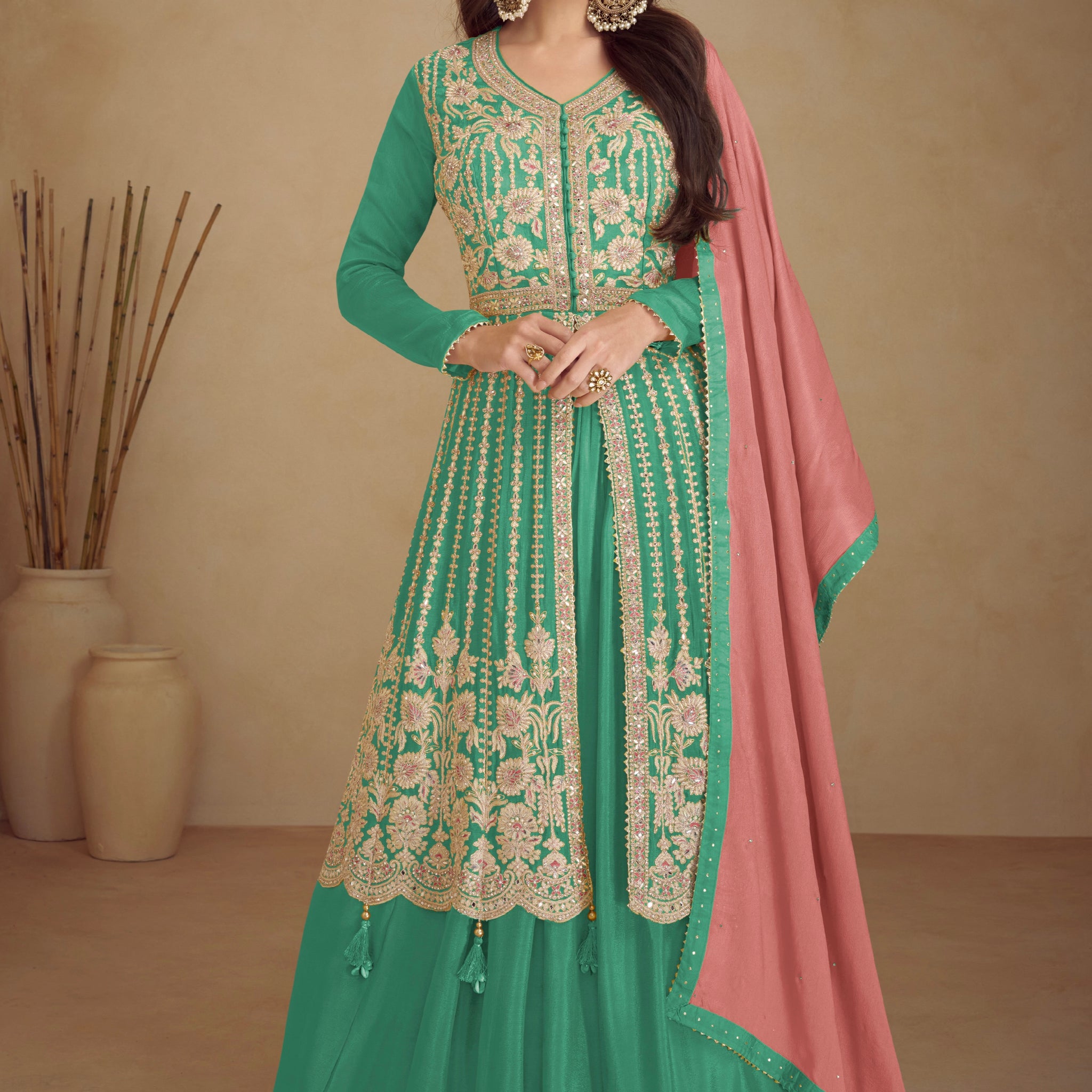 Sea Green Real Chinon Palazzo Suit with Golden Embroidery