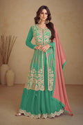 Sea Green Real Chinon Palazzo Suit with Golden Embroidery