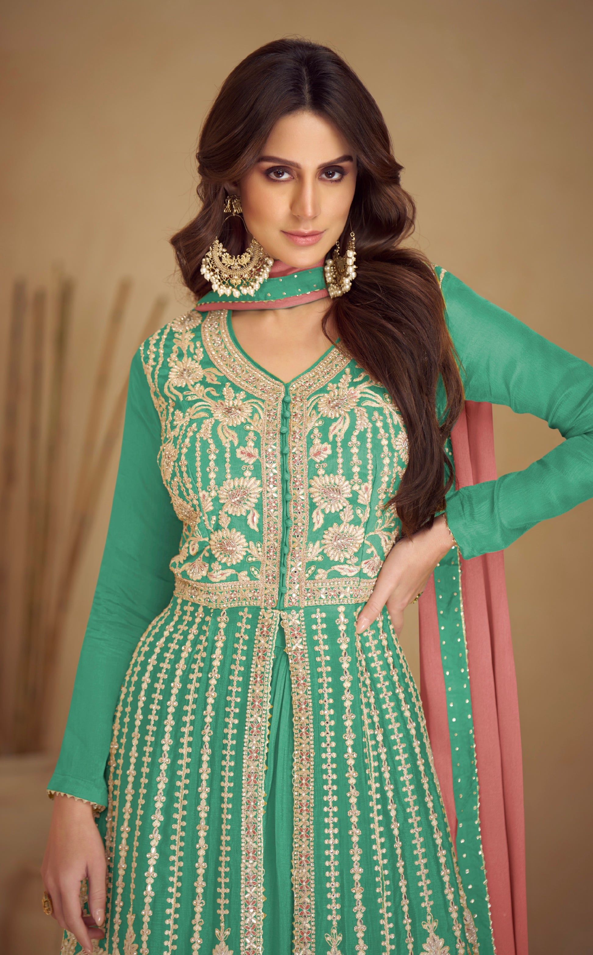 Sea Green Real Chinon Palazzo Suit with Golden Embroidery