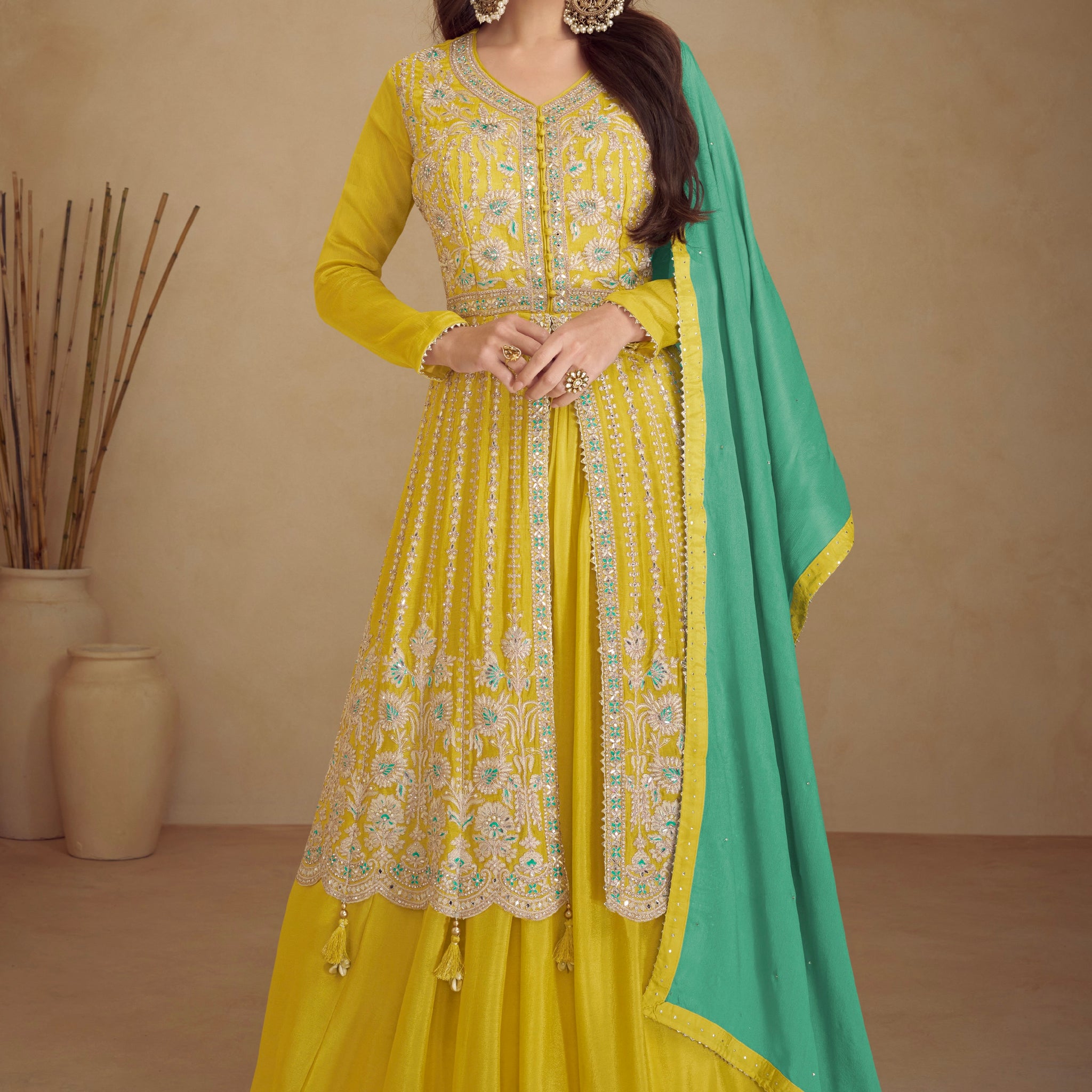 Mustard Yellow Real Chinon Palazzo Suit with Golden Embroidery