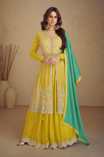 Mustard Yellow Real Chinon Palazzo Suit with Golden Embroidery