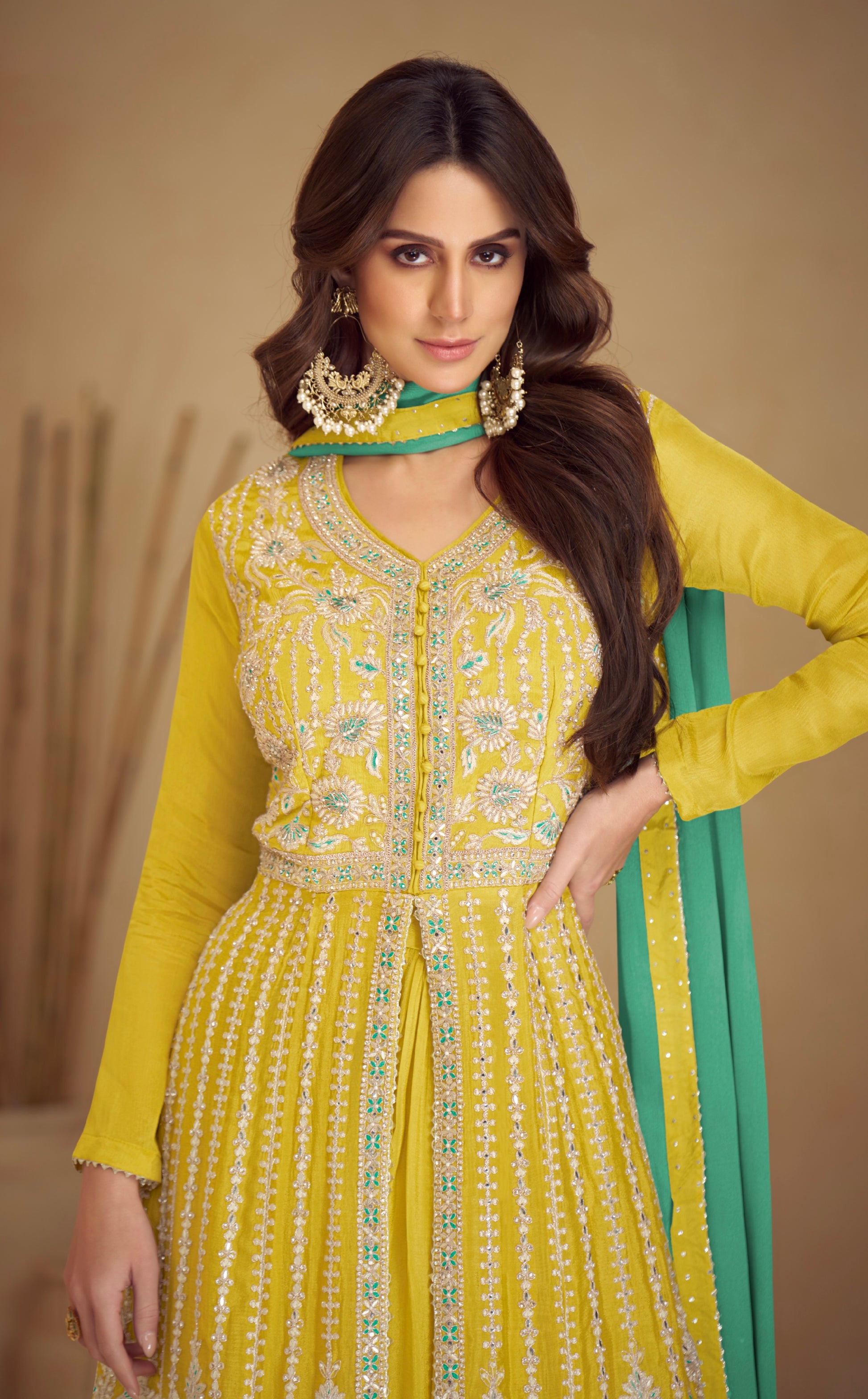 Mustard Yellow Real Chinon Palazzo Suit with Golden Embroidery