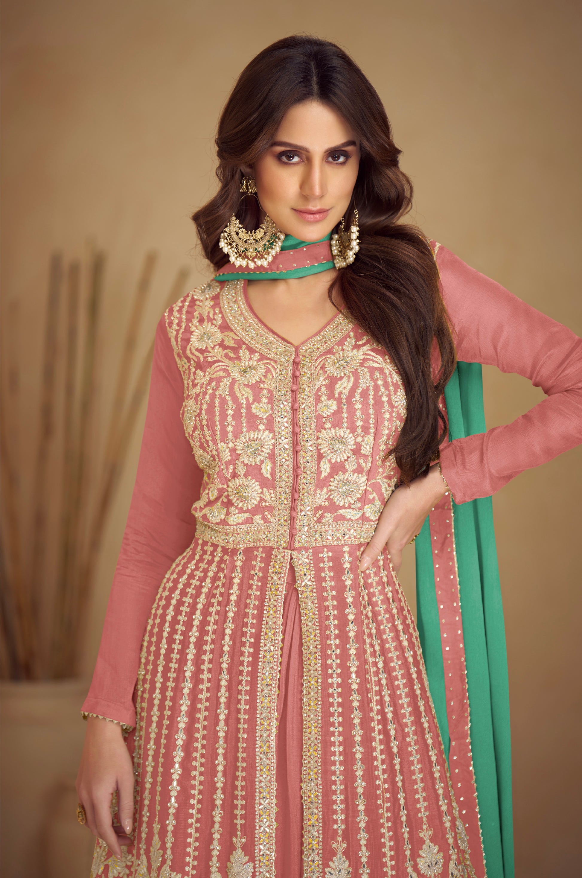 Dusty Pink Real Chinon Palazzo Suit with Golden Embroidery