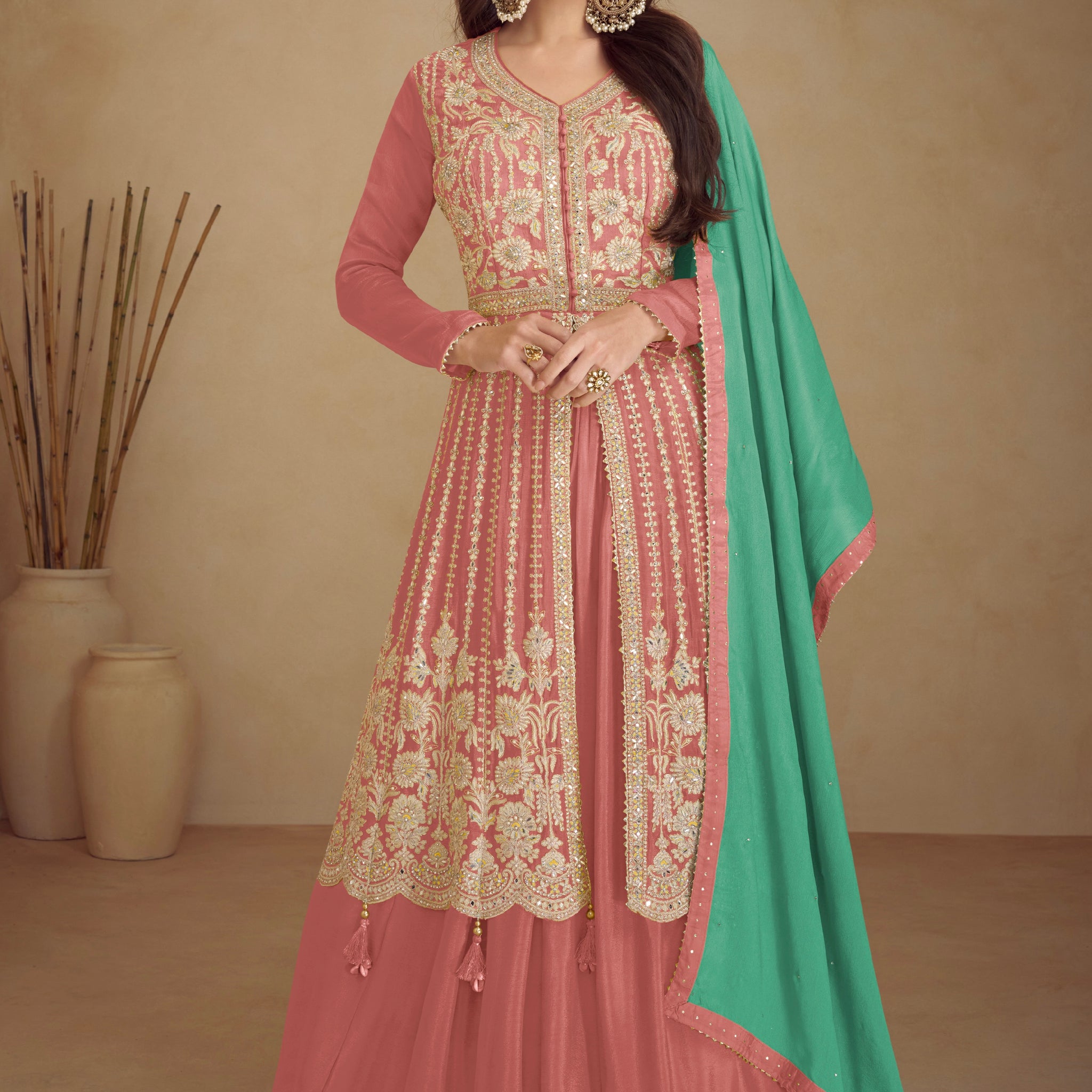 Dusty Pink Real Chinon Palazzo Suit with Golden Embroidery