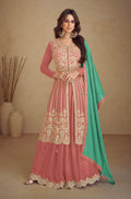 Dusty Pink Real Chinon Palazzo Suit with Golden Embroidery