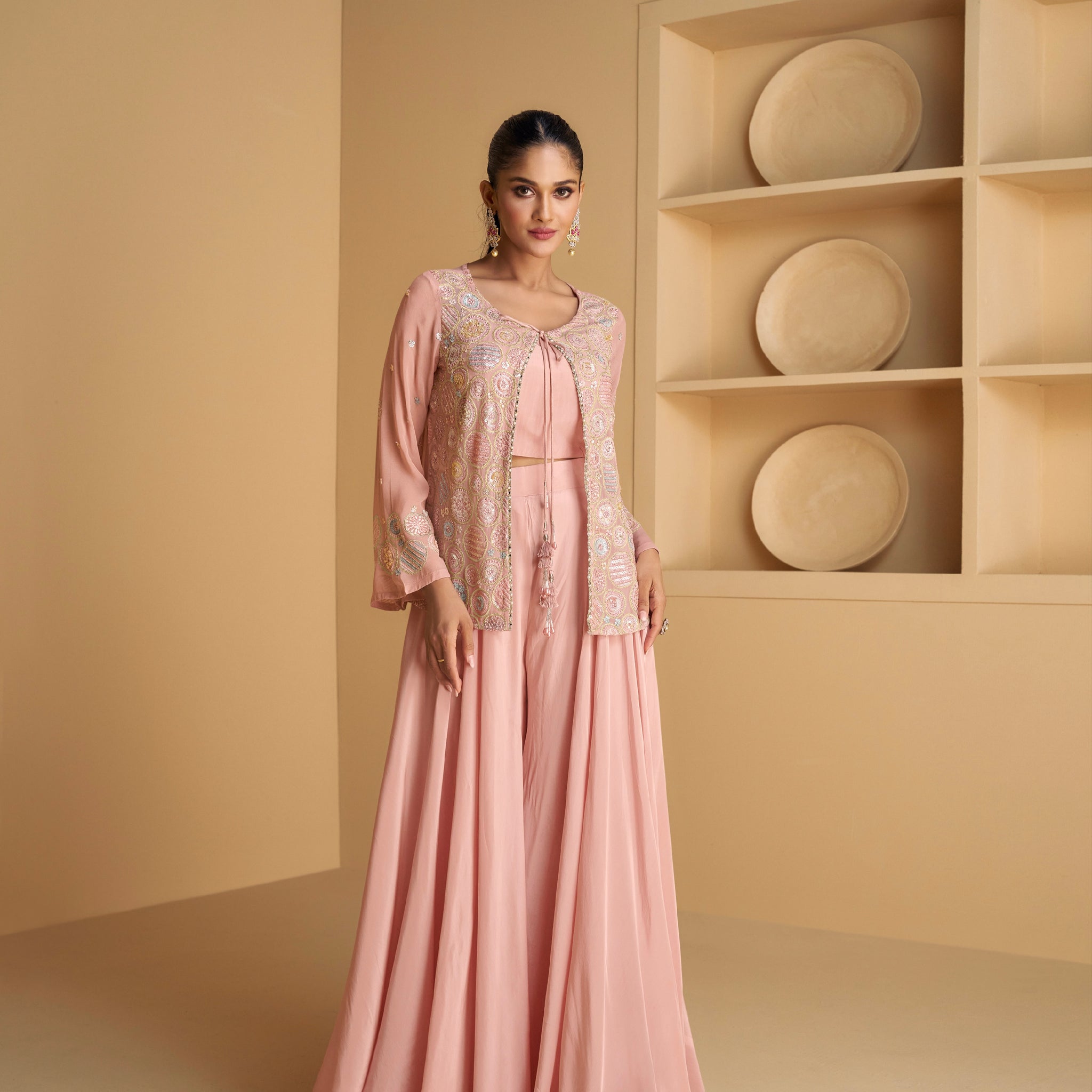 Soft Pink Real Georgette Sharara Set with Embroidered Jacket