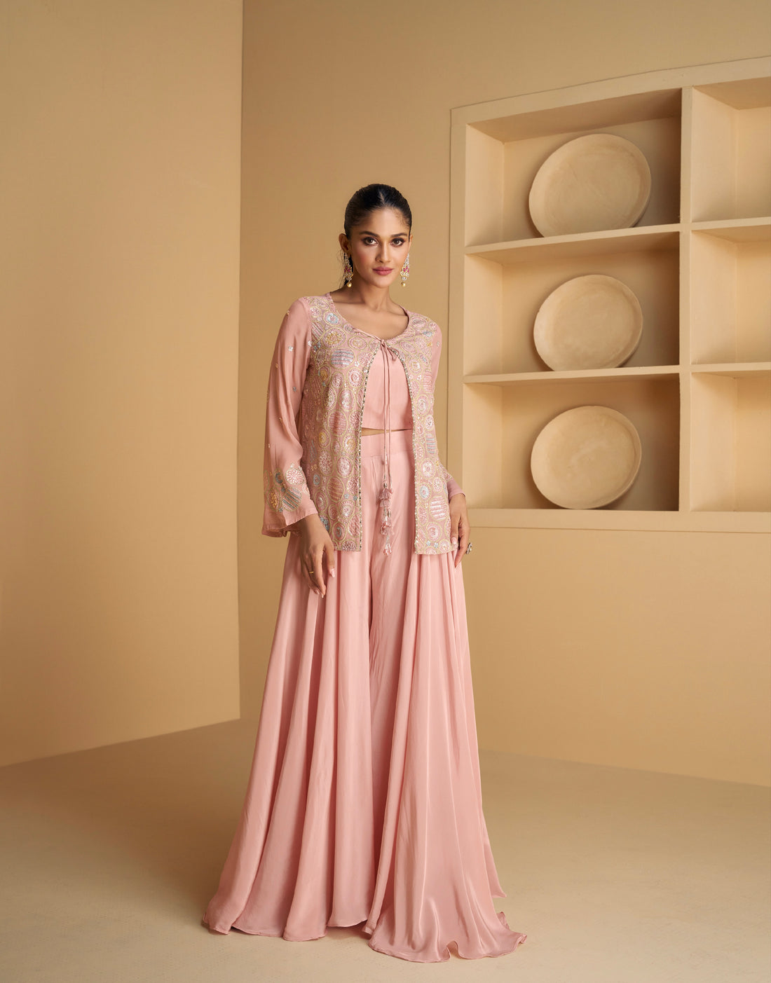 Soft Pink Real Georgette Sharara Set with Embroidered Jacket