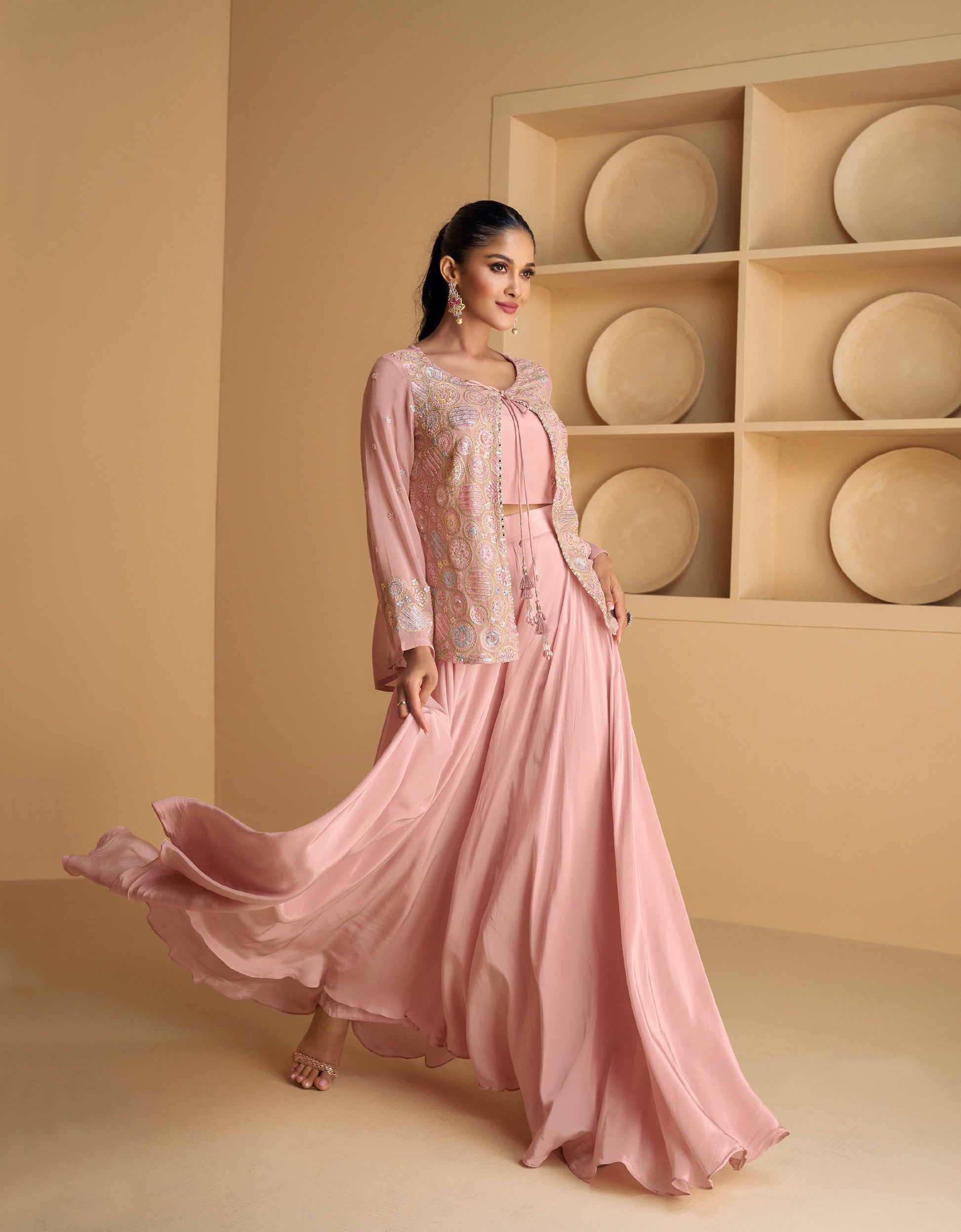 Soft Pink Real Georgette Sharara Set with Embroidered Jacket