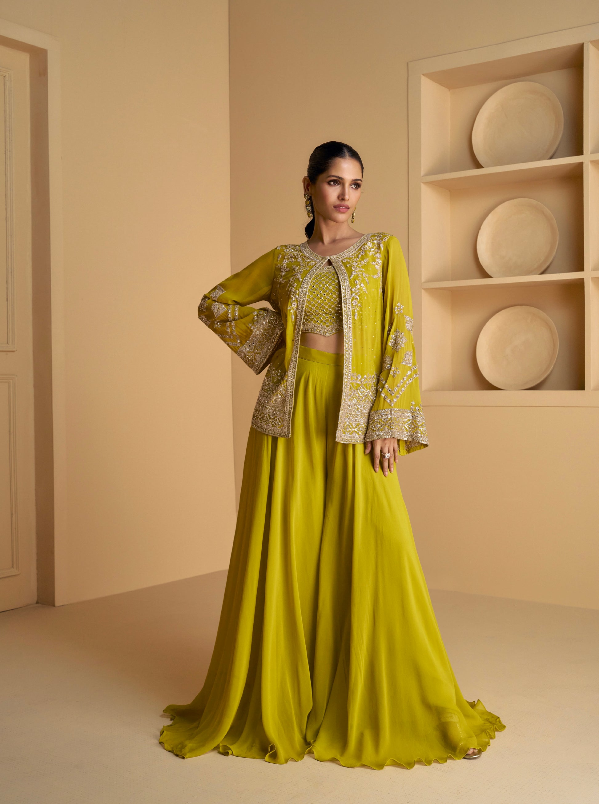 Olive Green Real Georgette Sharara Set with Embroidered Jacket