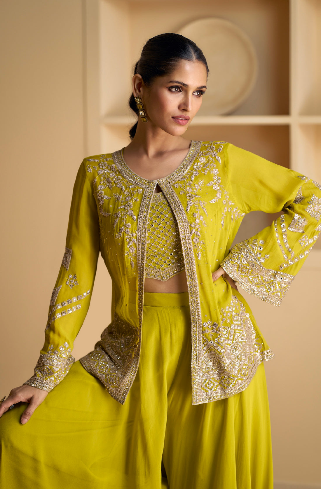 Olive Green Real Georgette Sharara Set with Embroidered Jacket