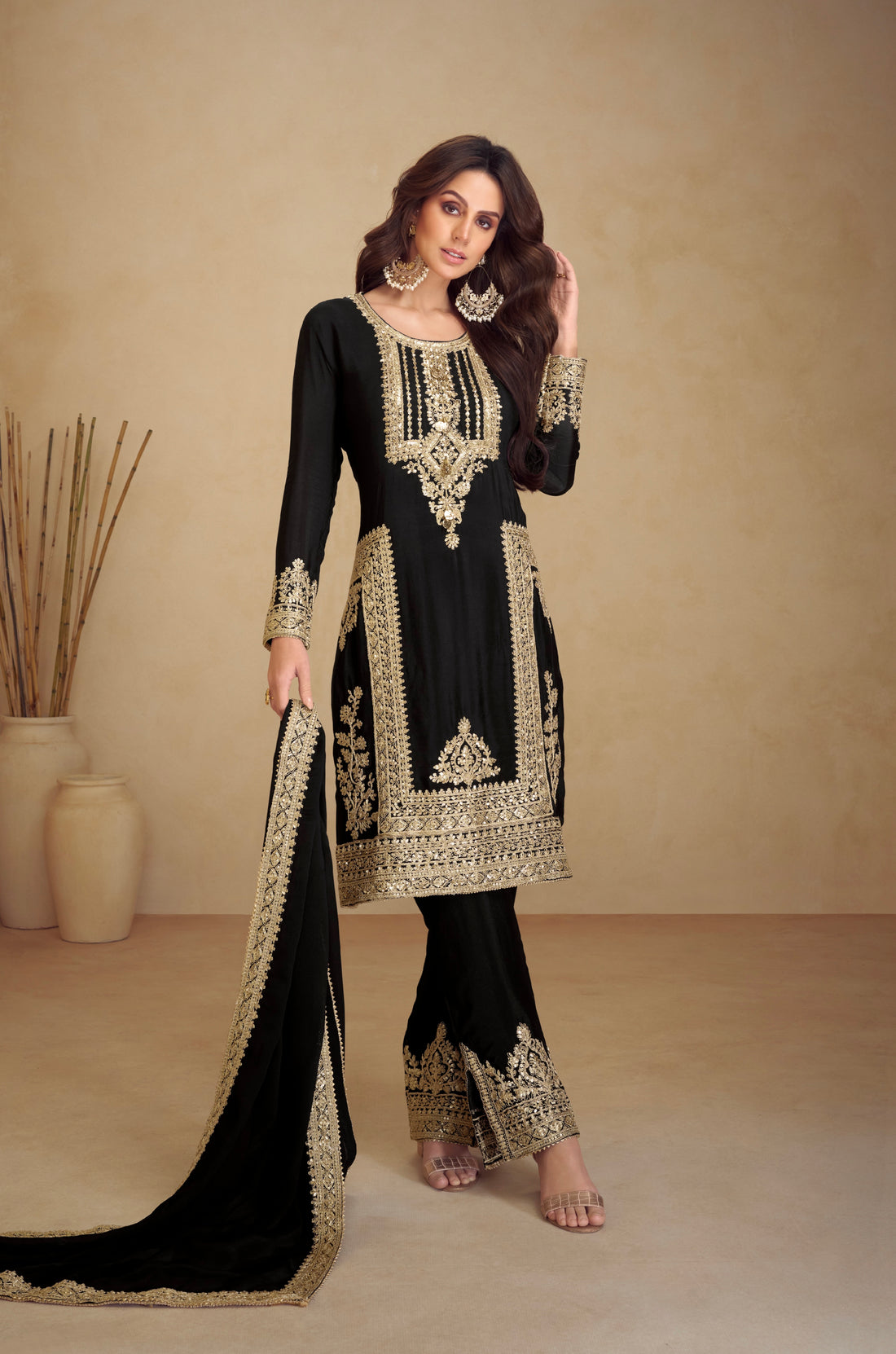 Black Palazzo Suit with Golden Embroidery