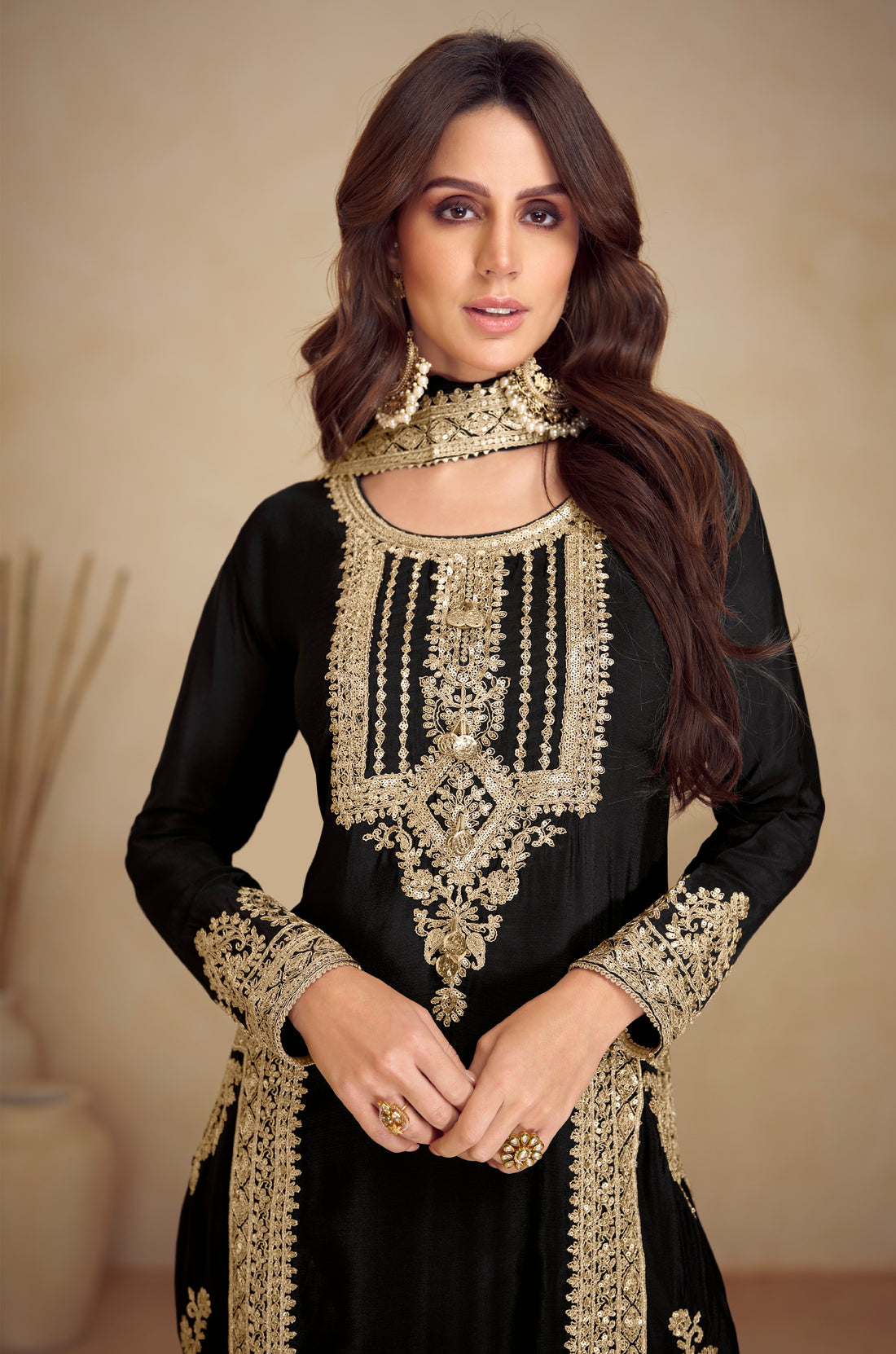 Black Palazzo Suit with Golden Embroidery