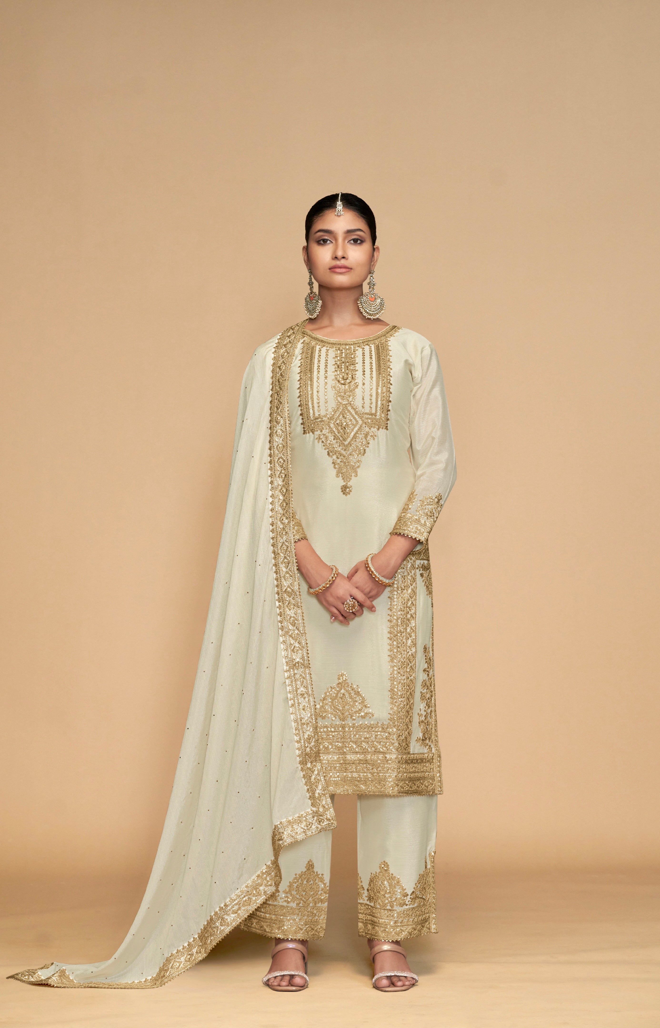 Off White Palazzo Suit with Golden Embroidery