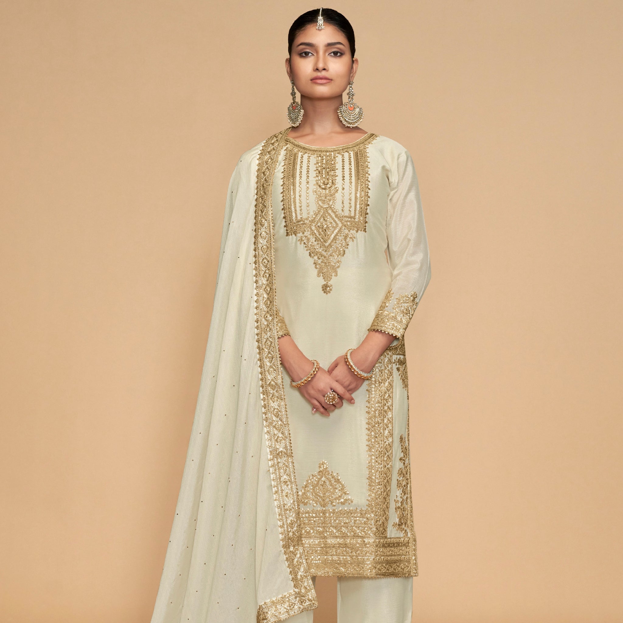 Off-White Palazzo Suit with Golden Embroidery