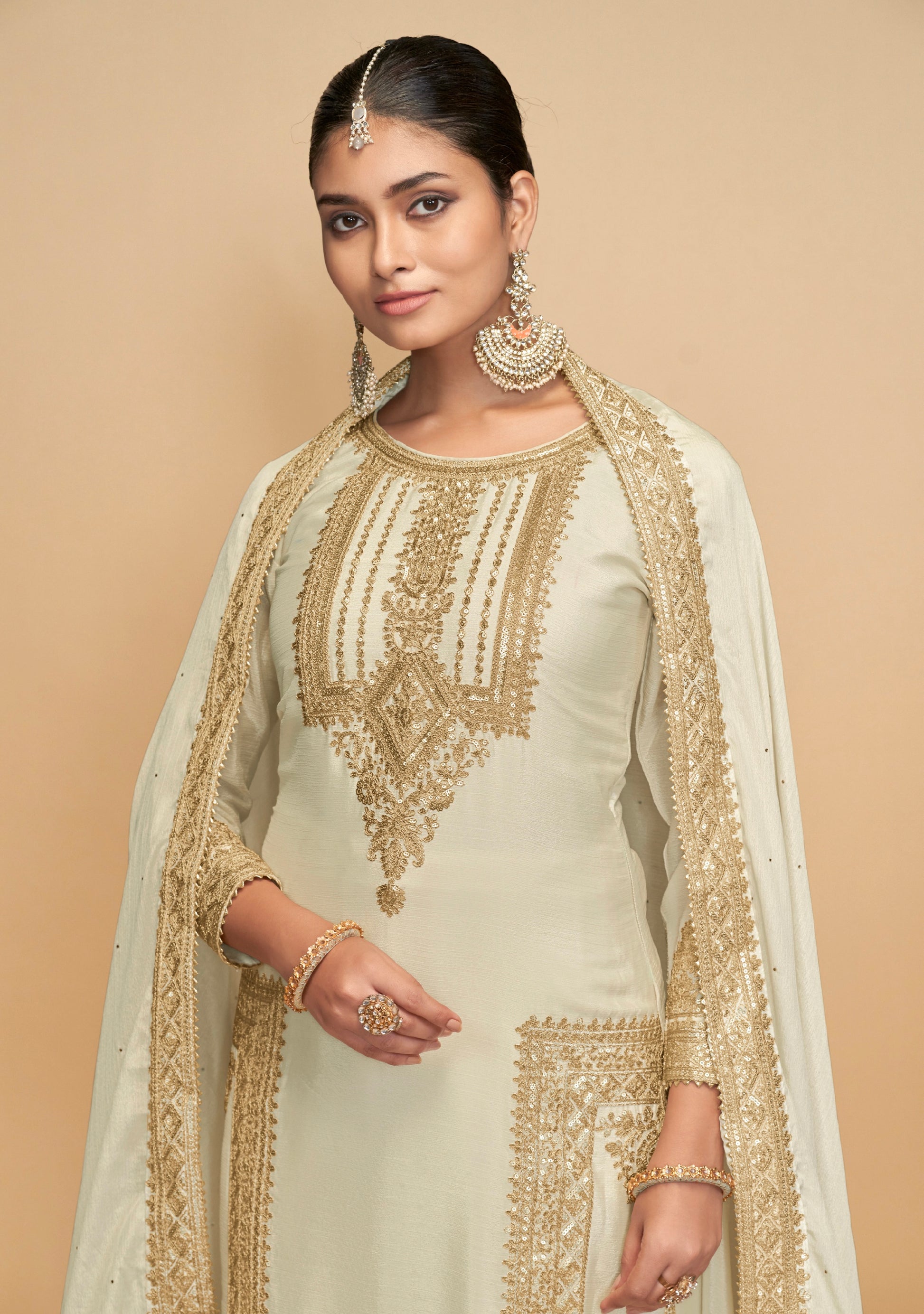 Off-White Palazzo Suit with Golden Embroidery