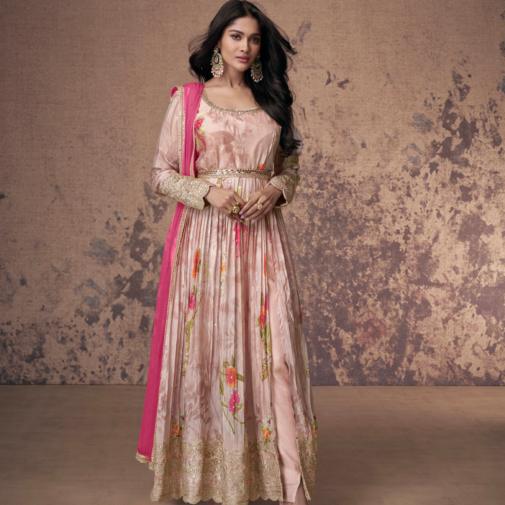 Soft Pink Floral Embroidered Georgette Anarkali Suit with Net Dupatta