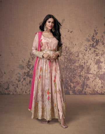 Soft Pink Floral Embroidered Georgette Anarkali Suit with Net Dupatta