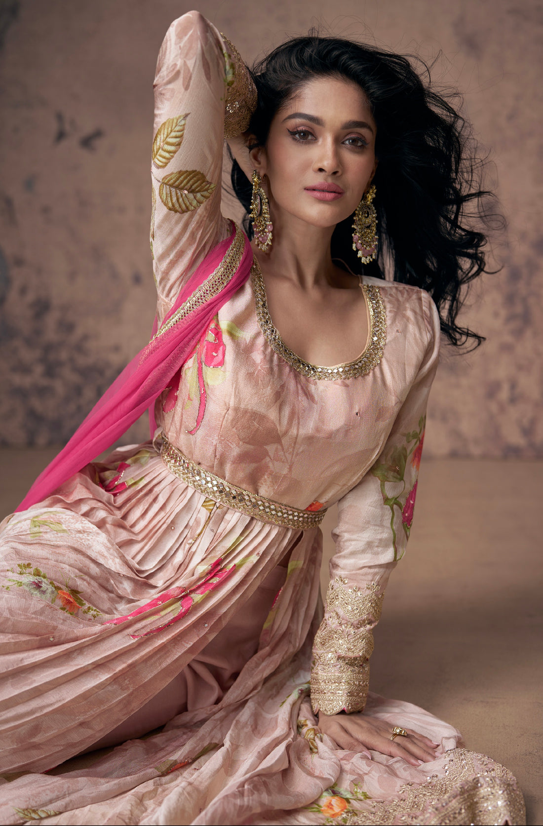 Soft Pink Floral Embroidered Georgette Anarkali Suit with Net Dupatta