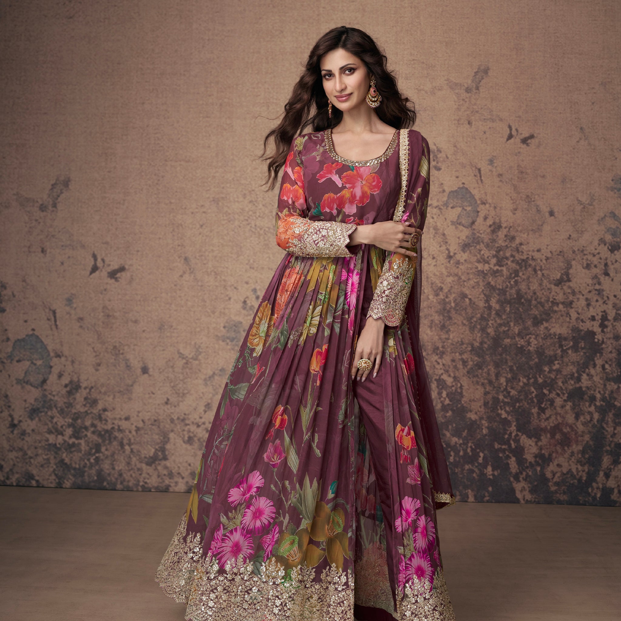 Maroon Floral Embroidered Georgette Anarkali Suit with Net Dupatta