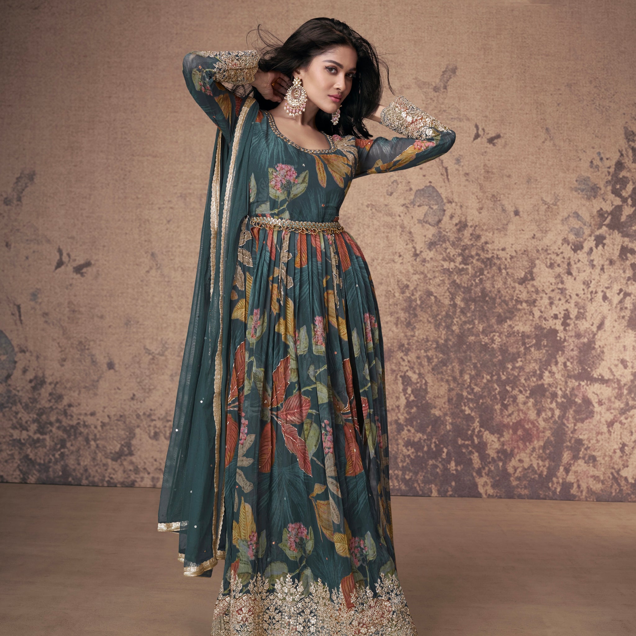 Teal Green Floral Embroidered Georgette Anarkali Suit with Net Dupatta